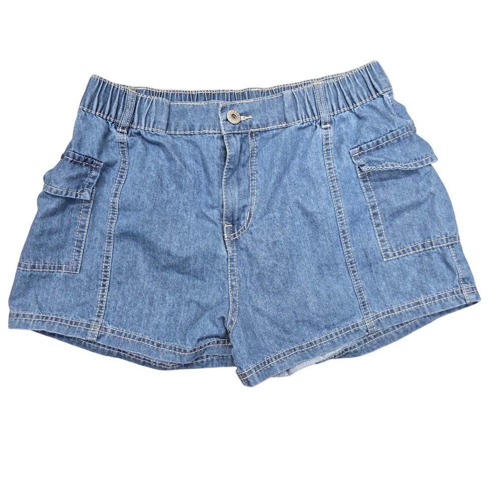 Retro Inspired Womens Blue Denim Cargo Shorts Elastic‎ Waist Light Wash Large